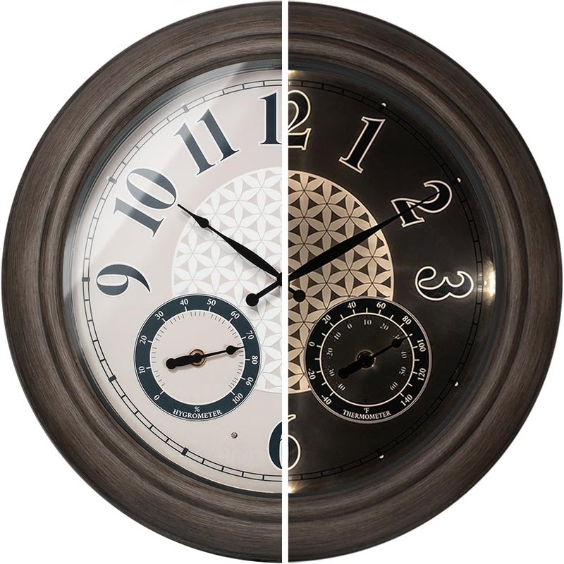 Presentime & Co. 18 Inch Illuminated Outdoor Clock, Waterproof Lighted Large Wall Clock with Thermometer & Hygrometer, Elegant & Vintage Home Decor for Garden, Patio, Pool, Grey Oak Finish - Image 1